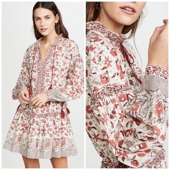 Ulla Johnson Marigold Floral Long Sleeve Tassel Mini Dress Cotton White Red - Picture 1 of 9